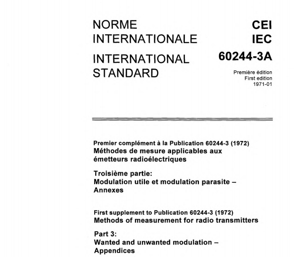 IEC 60244-3A:1971 pdf download - Methods of measurement for radio transmitters - Part 3: Wanted and unwanted modulation - First supplement: Appendices